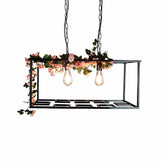 Lámpara colgante de jaula rectangular metálica vintage con decoración floral en negro - Lámpara de techo de 2 bombillas